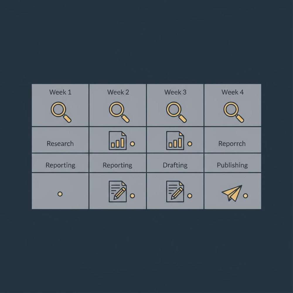 Minimal vector four-week editorial calendar infographic with icons for research, reporting, drafting and publishing in Orvus Ltd brand colors for AI and blogging