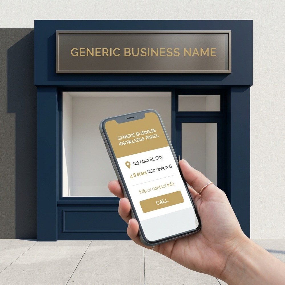 Smartphone showing a Google Business Profile knowledge panel in front of a minimalist small storefront with navy facade and gold sign accents