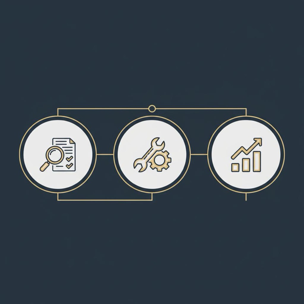 Minimal 2D vector 30/60/90 timeline infographic with audit, fixes, and scale icons on dark blue background for marketing and SEO.