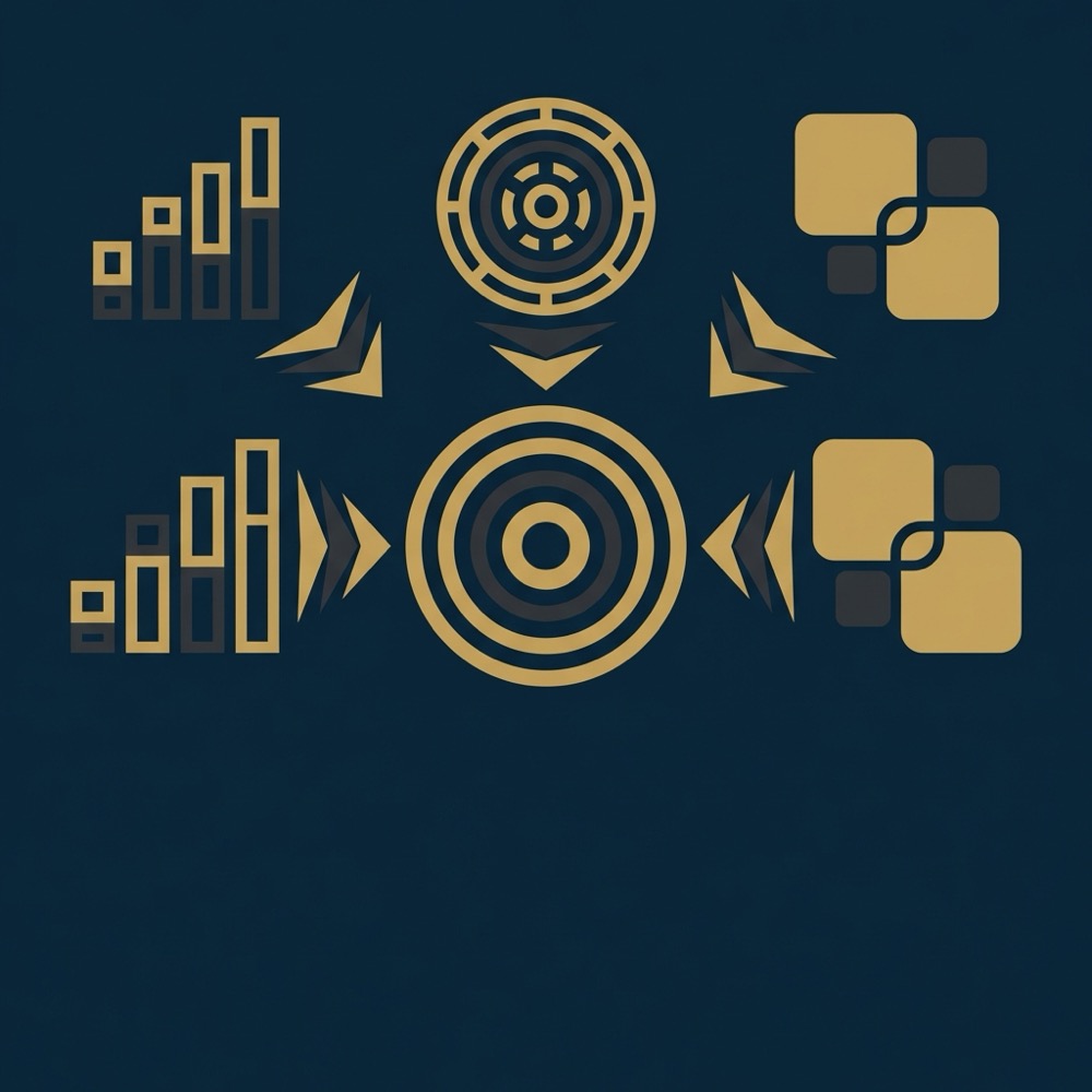 Minimal 2D vector infographic visualizing a visibility score formula with icons for impressions rank weight and feature multiplier on dark blue background serp ranking