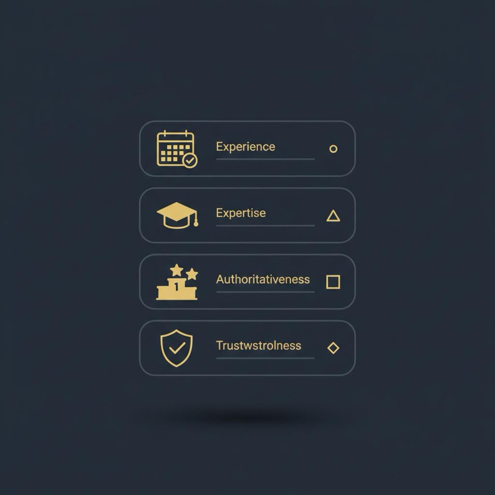 Minimal 2D vector infographic of the E-E-A-T stack with four simple icons on a #0B1E33 background illustrating how Google SEO optimization works and trust signals.