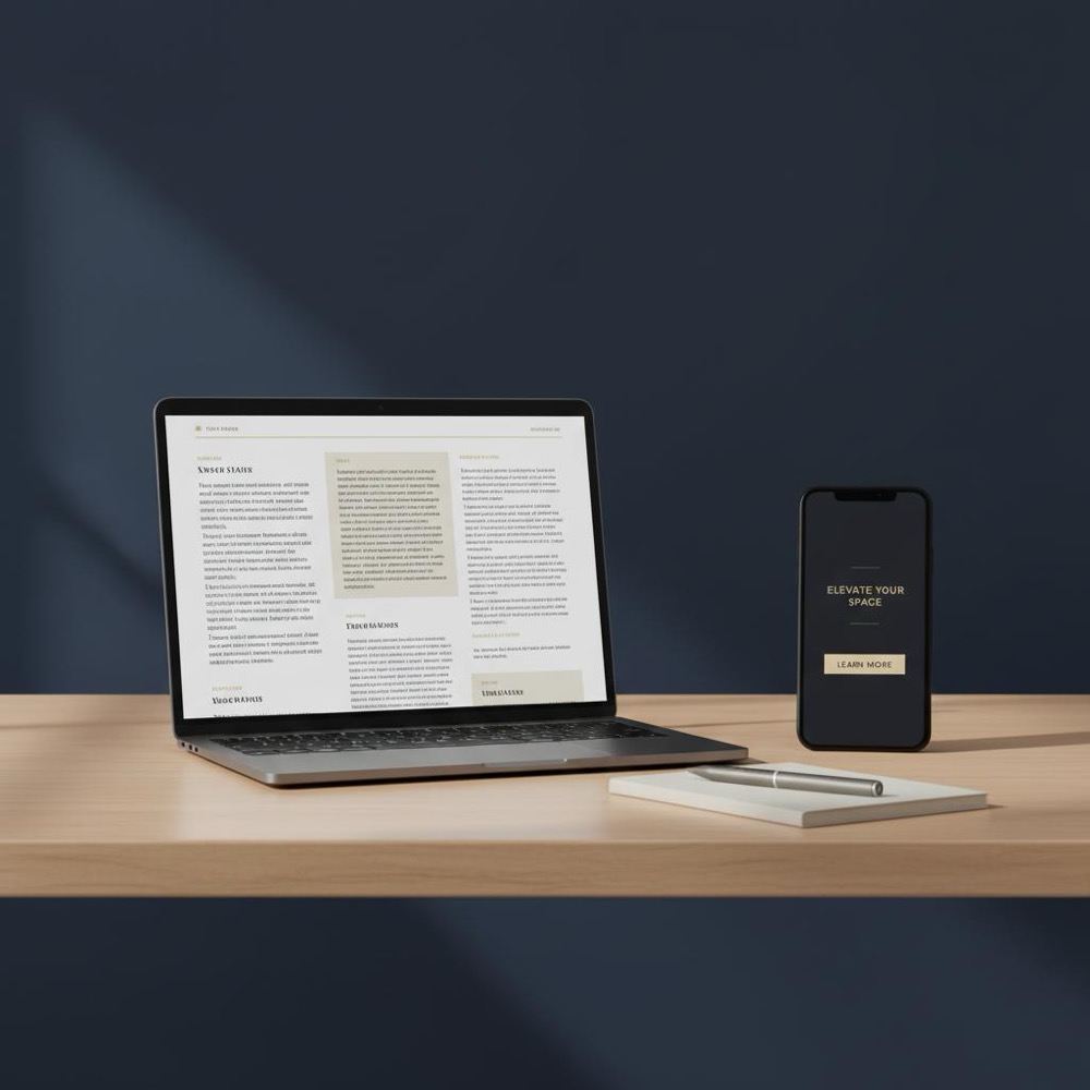 Minimalist desk with laptop showing a long-form article and smartphone showing a short ad in Orvus Ltd brand colors, illustrating advertorial vs ad comparison.