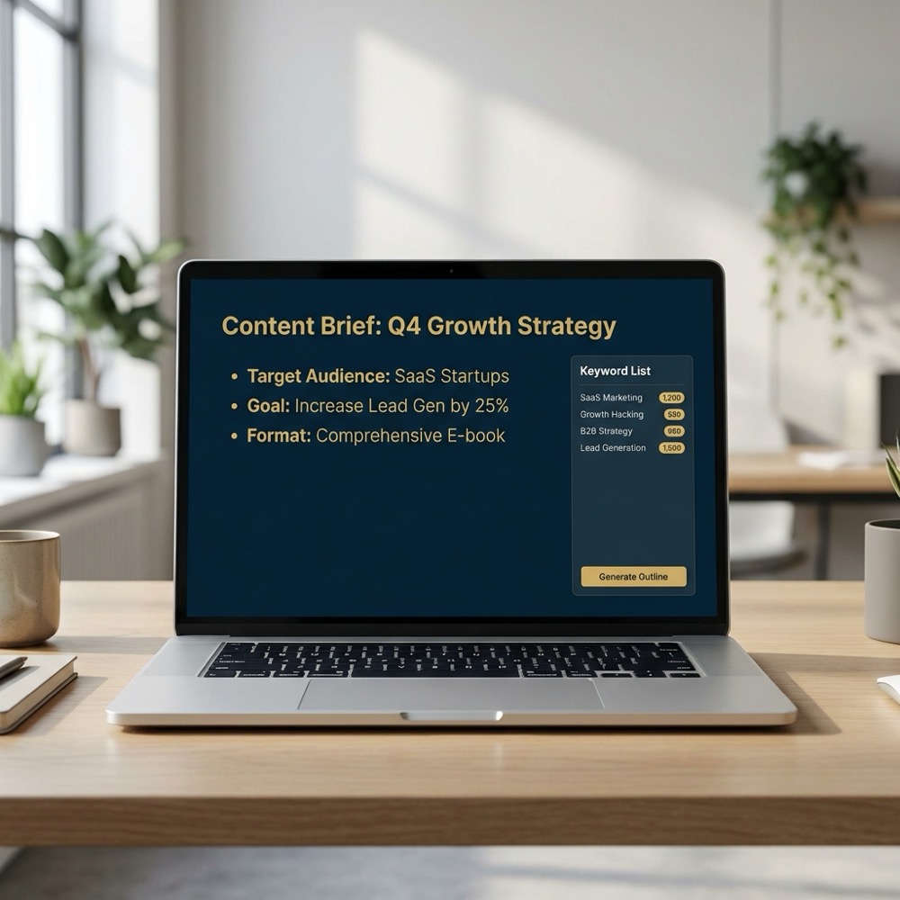 Laptop screen showing a minimalist content brief and keyword list for ahrefs com in Orvus Ltd navy and gold colors on a neutral office background