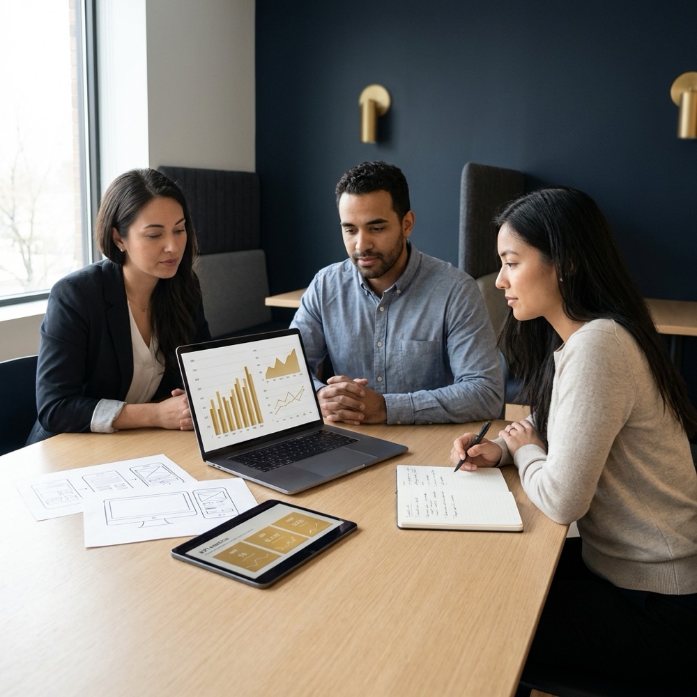 Small marketing team reviewing analytics on laptop with printed notes and wireframes in minimalist navy and gold workspace online marketing seo