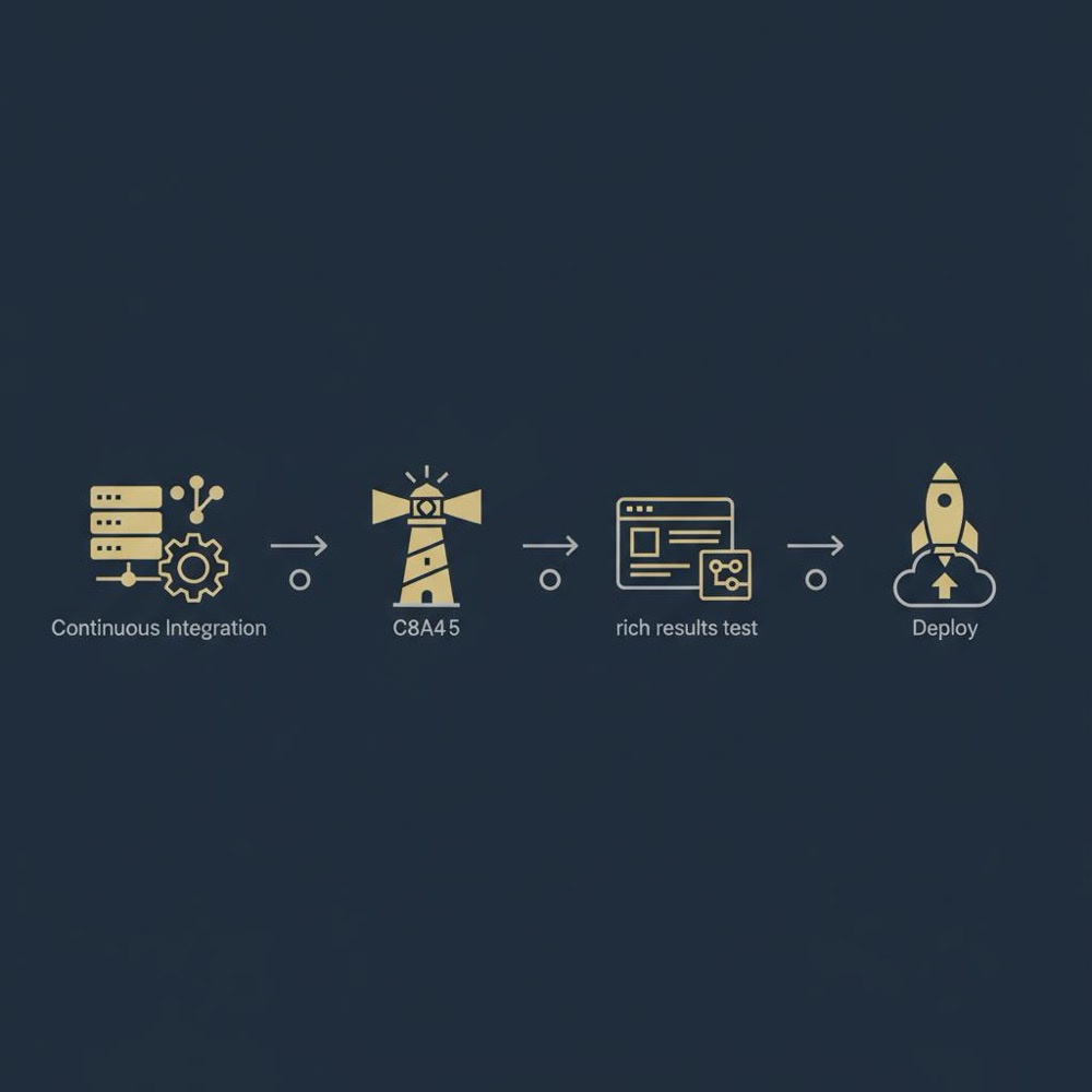 Minimal vector infographic showing a 4-step technical SEO pipeline (CI → Lighthouse → Rich Results Test → Deploy) in Orvus Ltd brand colors on a dark #0B1E33 background.