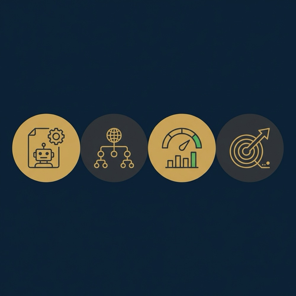 Minimal 2D vector infographic showing four icons for website seo optimization representing robots txt sitemap Core Web Vitals and conversion tracking on dark blue background