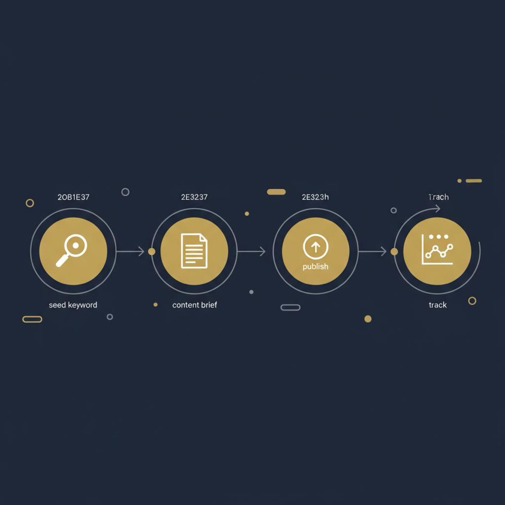 Minimal 2D vector infographic of a content workflow (seed keyword → content brief → publish → track) on deep navy background using Orvus Ltd. palette; semrush for seo