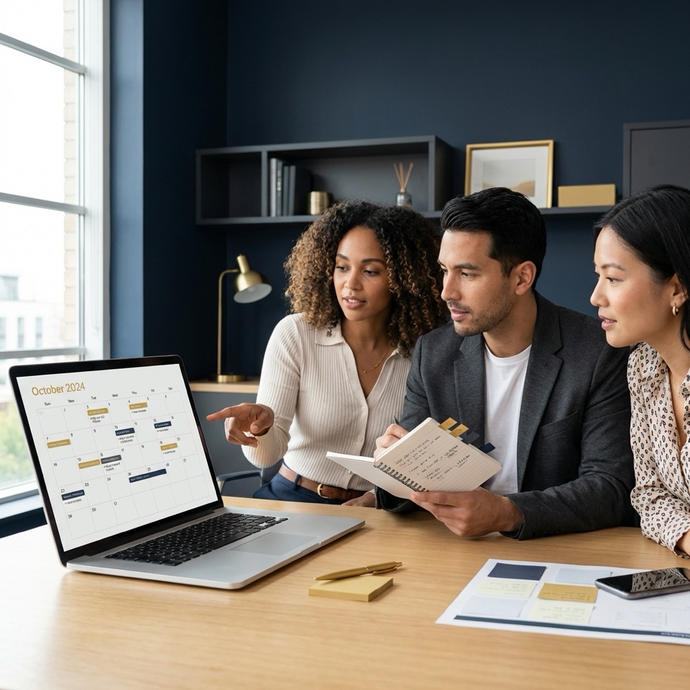 Small team reviewing a content calendar on a laptop with visible notes and colored tags in a minimalist Orvus Ltd styled office, navy background and gold accents, linkedin bio