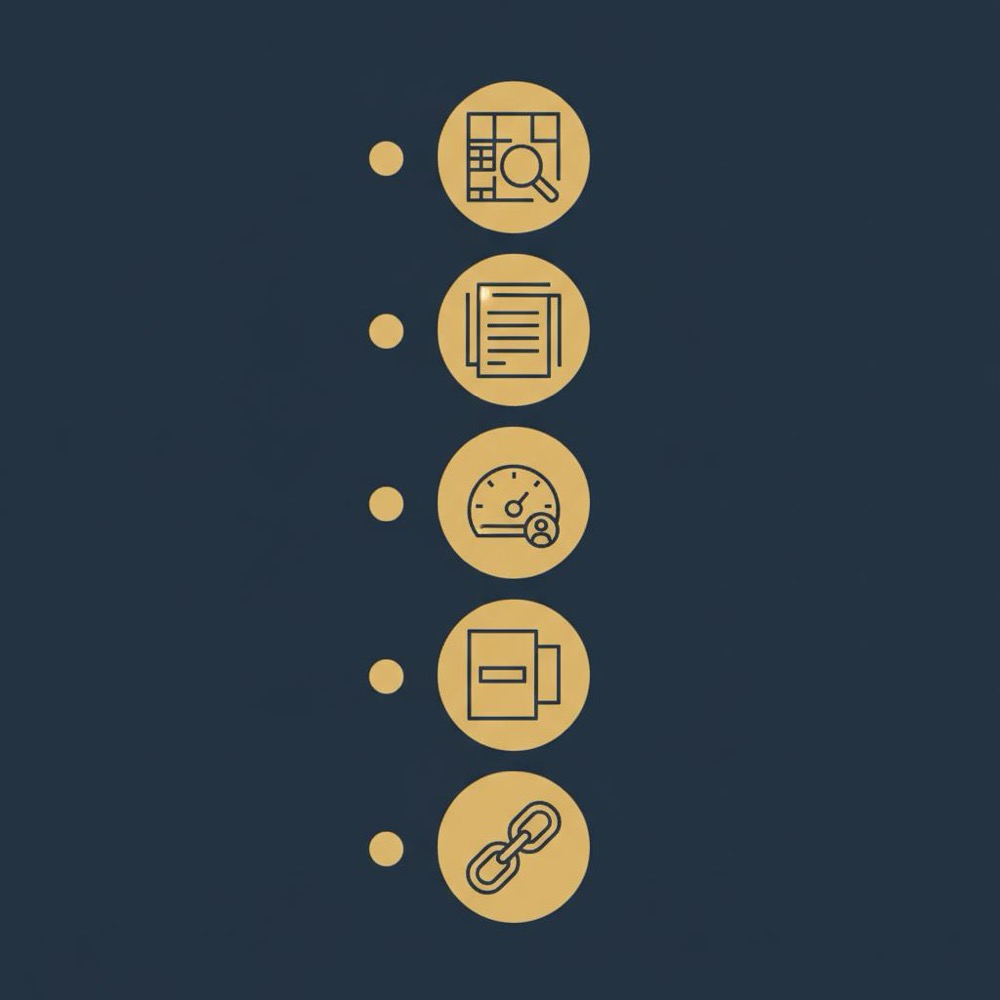 Minimal 2D vector audit checklist infographic with five icons for crawl, logs, CrUX, content gaps and links on navy background - how to raise Google search ranking