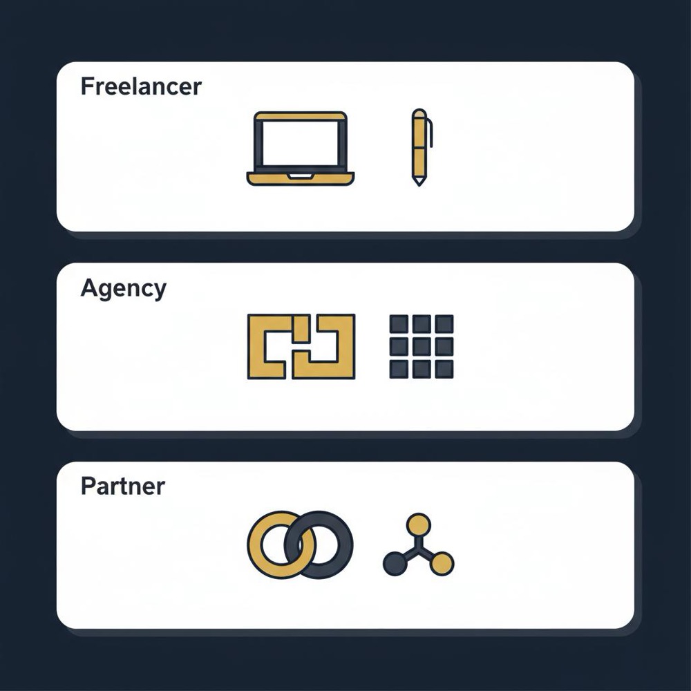 Minimal 2D vector infographic with three stacked panels (Freelancer, Agency, Partner) in Orvus Ltd colors for hire shopify expert comparison