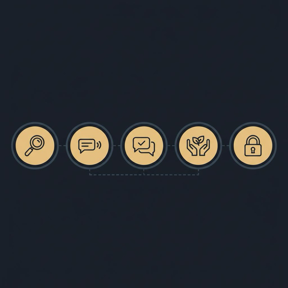 2D vector infographic of five trust-building icons (clarity, responsiveness, candor, humane policies, privacy) in Orvus Ltd palette - Is DuckDuckGo owned by China?