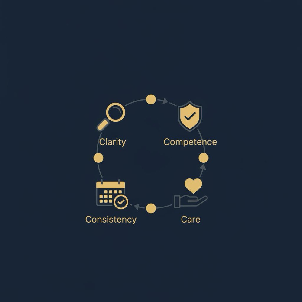 Minimal 4-step trust-and-SEO loop infographic showing Clarity → Competence → Consistency → Care to improve SEO in Wix, dark navy background with gold accents