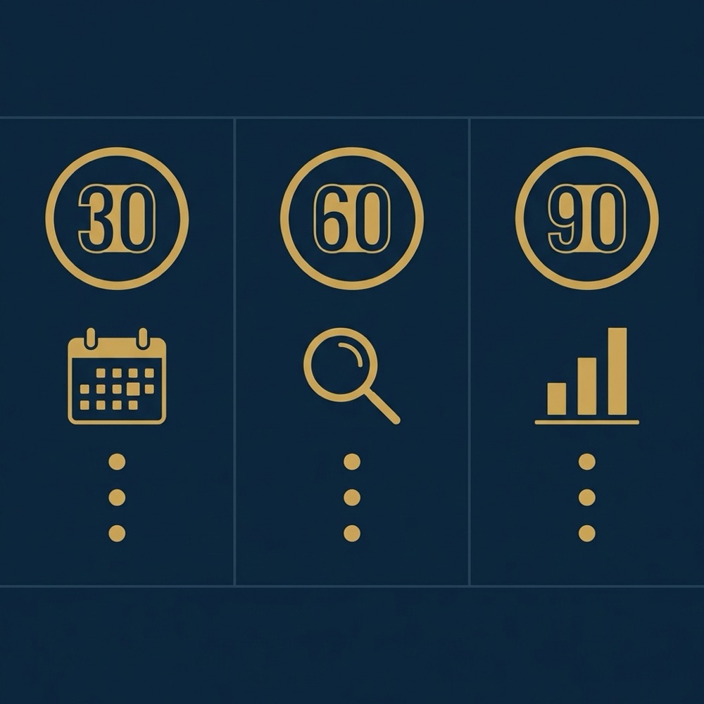 Minimal 2D vector 30 60 90 day checklist infographic for seo services three clean icons calendar magnifier chart on deep navy background