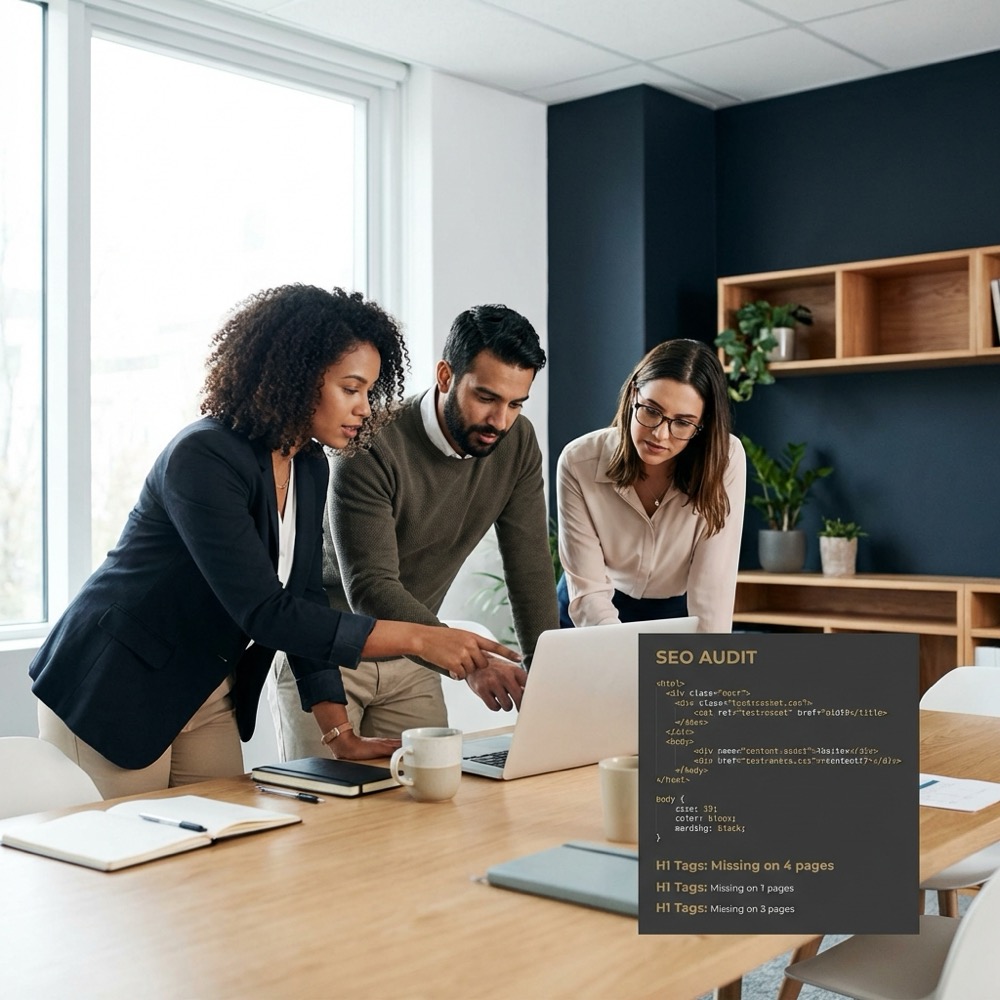 Small marketing team reviewing a site audit on a laptop with readable code and content notes in a minimalist office using brand colors seo marketing