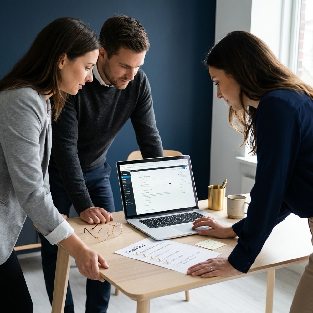 Small team reviewing website content on a laptop with printed checklist on a navy desk minimalistic office scene for google sites seo