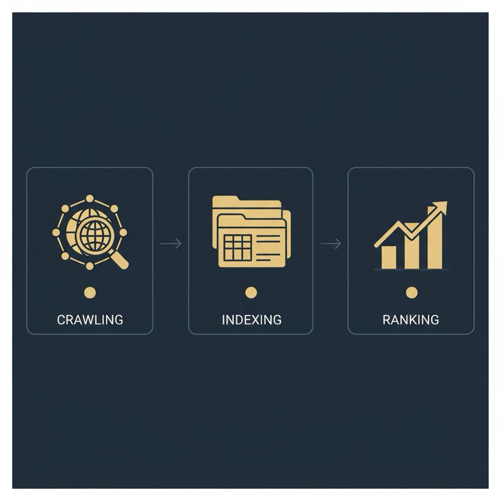 Vector infographic of the search engine pipeline in three panels-crawling, indexing, ranking-on dark blue background, illustrating what is a search engine in SEO
