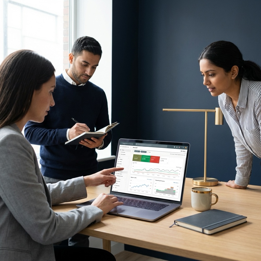 Marketing team reviewing site crawl and Search Console data on a laptop for onpage optimization in a minimalist navy office setting