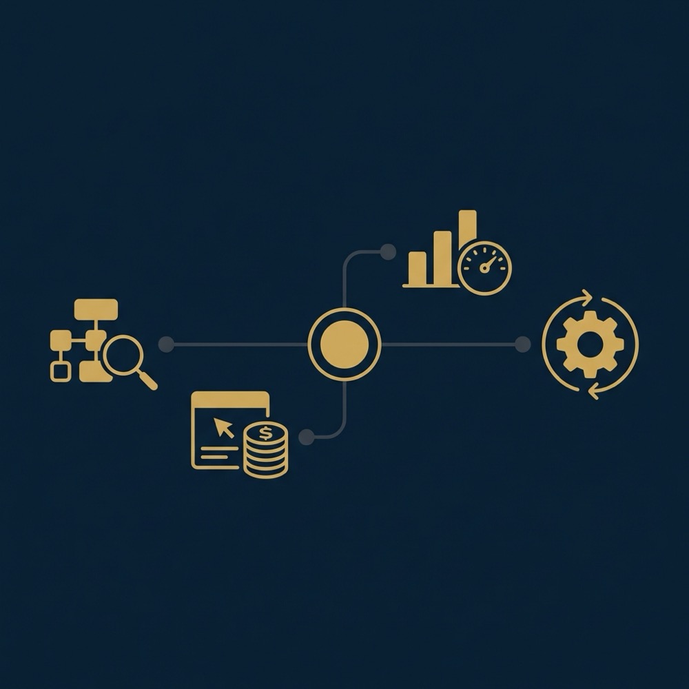 seo meta minimalist hybrid workflow infographic with vector icons for search architecture paid media measurement and automation in Orvus Ltd color palette