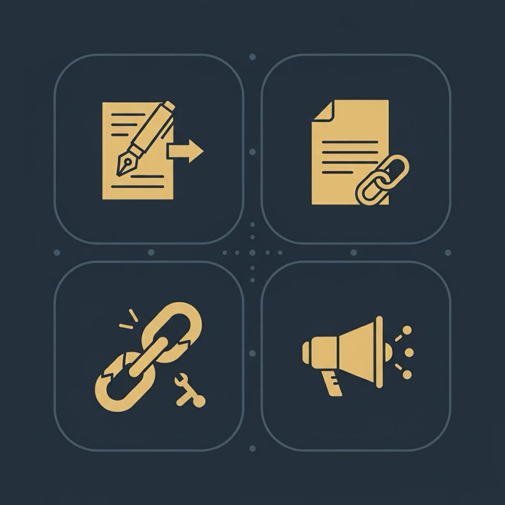 Flat 2D vector infographic showing four backlink example strategies as simple icons on dark blue #0B1E33 background with gold #C8A45D accents