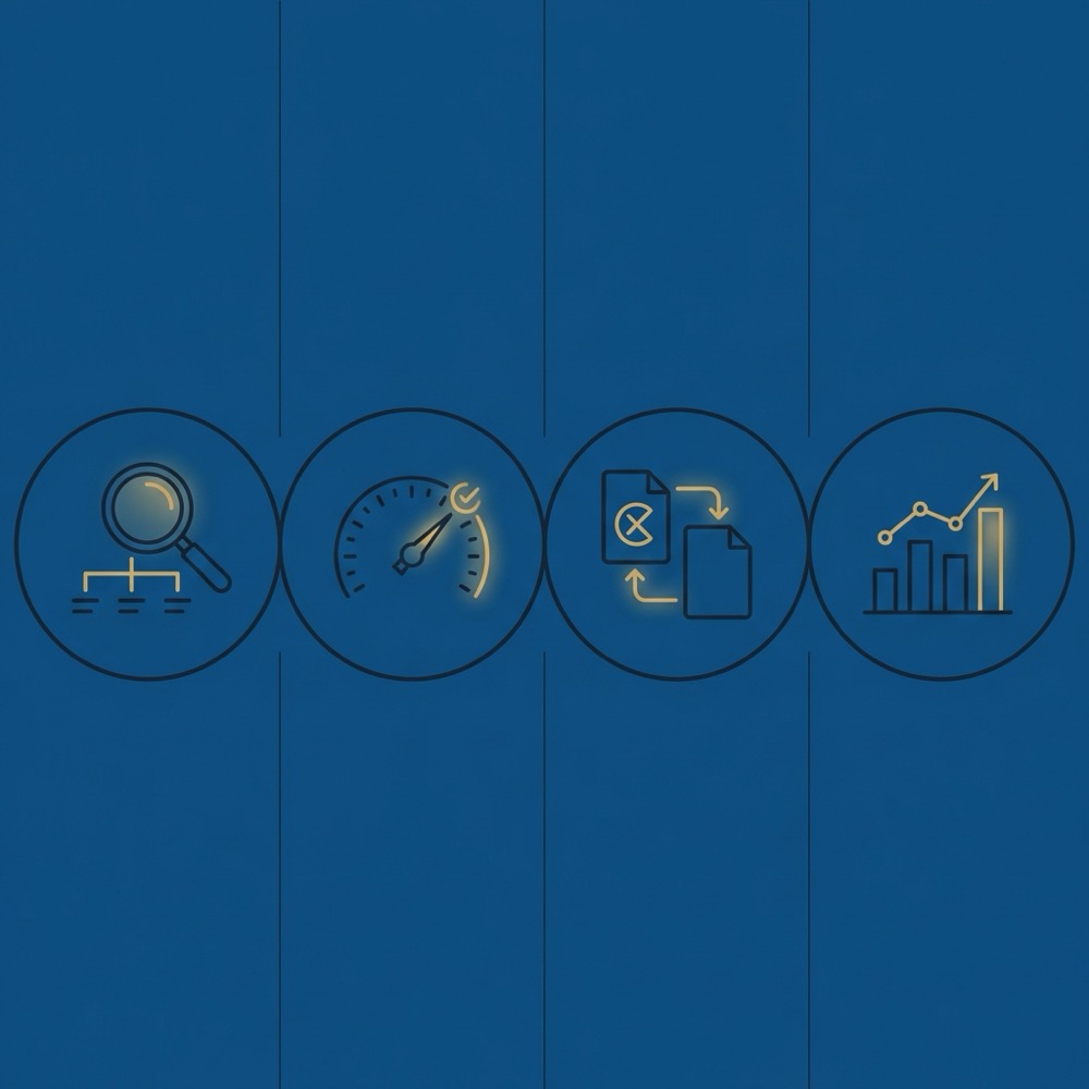 Minimal vector audit checklist infographic for magento seo showing icons for crawl core web vitals canonical checks and analytics on dark blue background