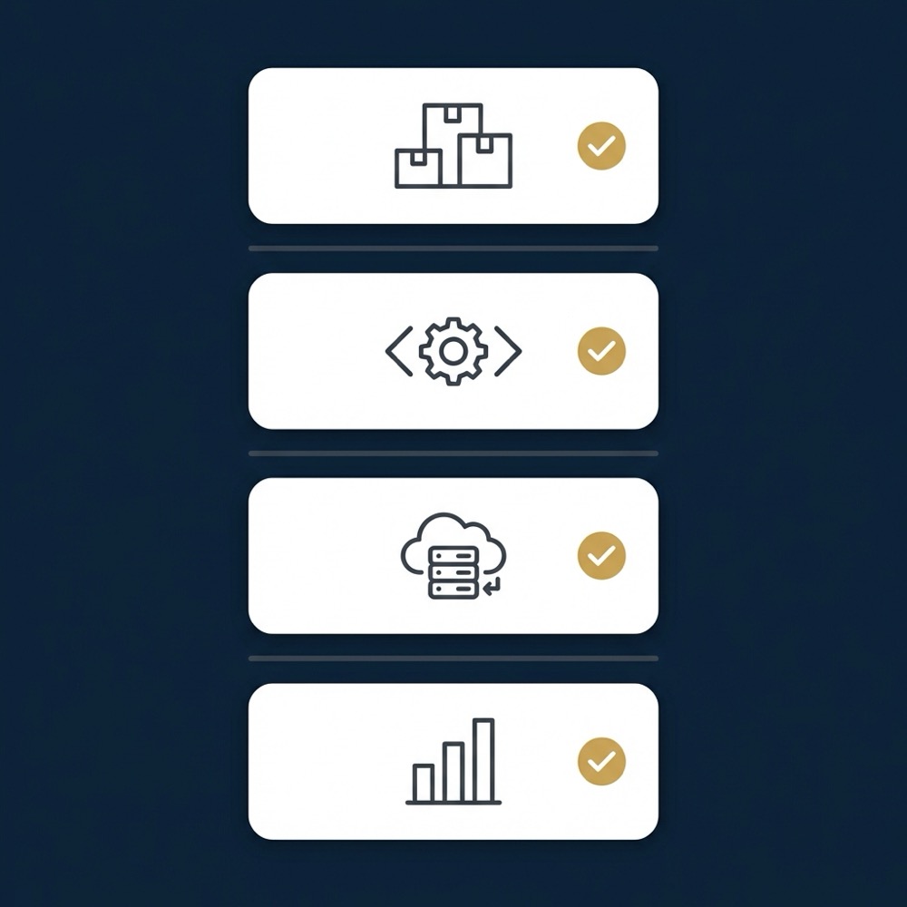 Minimal flat vector checklist infographic with four icons for catalog size developer capacity hosting and measurement designed for magento seo