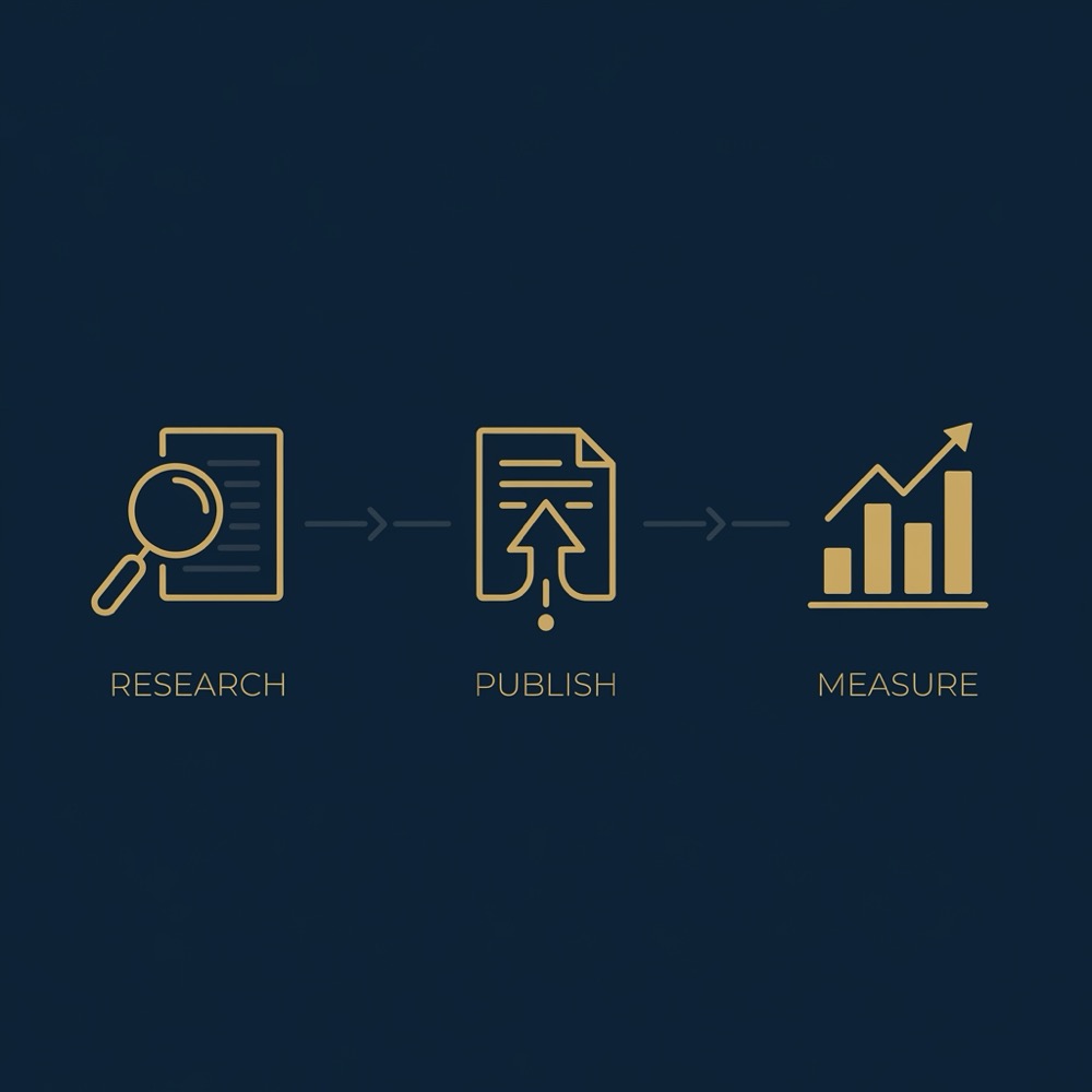 Minimal 2D vector workflow infographic from research to publishing to measurement designed for ahrefs com with navy background and gold accent icons
