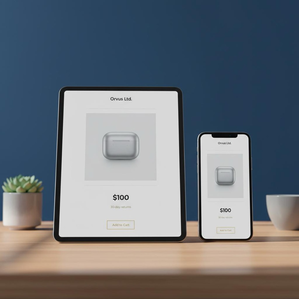 Tablet and phone showing a clean product page with a $100 price and a short returns note - How much does Shopify take from a $100 sale?