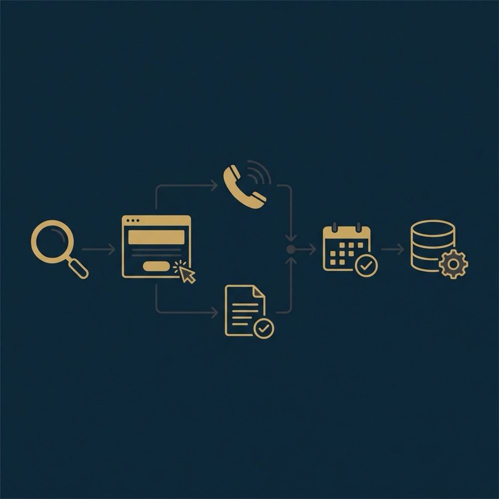 Minimal vector infographic showing conversion tracking flow from search to booking with icons for calls forms and CRM in Orvus Ltd brand colors dental seo expert