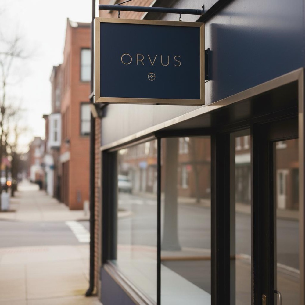 Close-up of a minimalist storefront sign and quiet neighborhood street in Orvus Ltd. brand tones (#0B1E33 background, #C8A45D accents), shallow depth of field - optimize local search