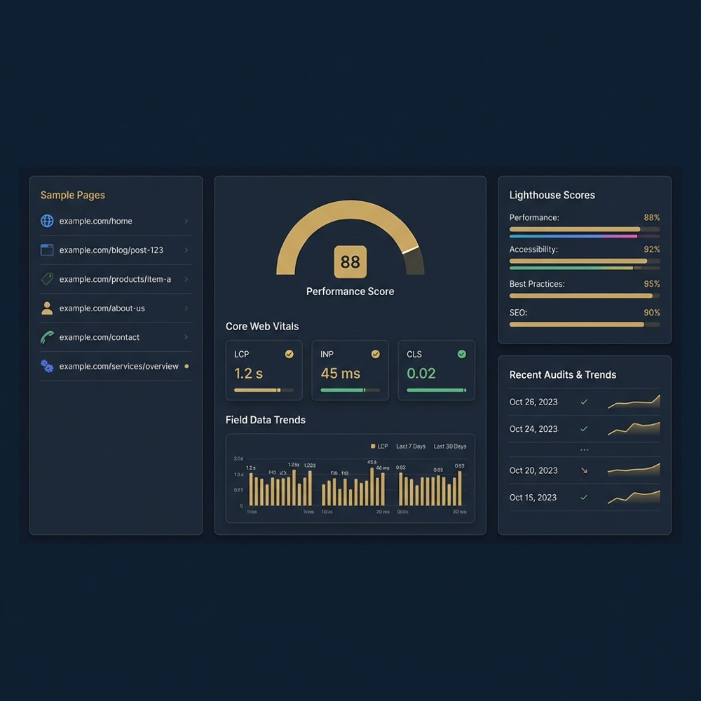 Lighthouse audit dashboard screenshot showing Core Web Vitals LCP CLS INP performance scores and page list for wix seo analysis