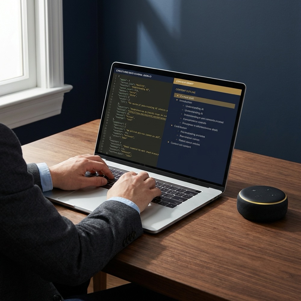 Marketer reviewing structured data and content drafts on laptop with a nearby voice assistant device for voice search seo