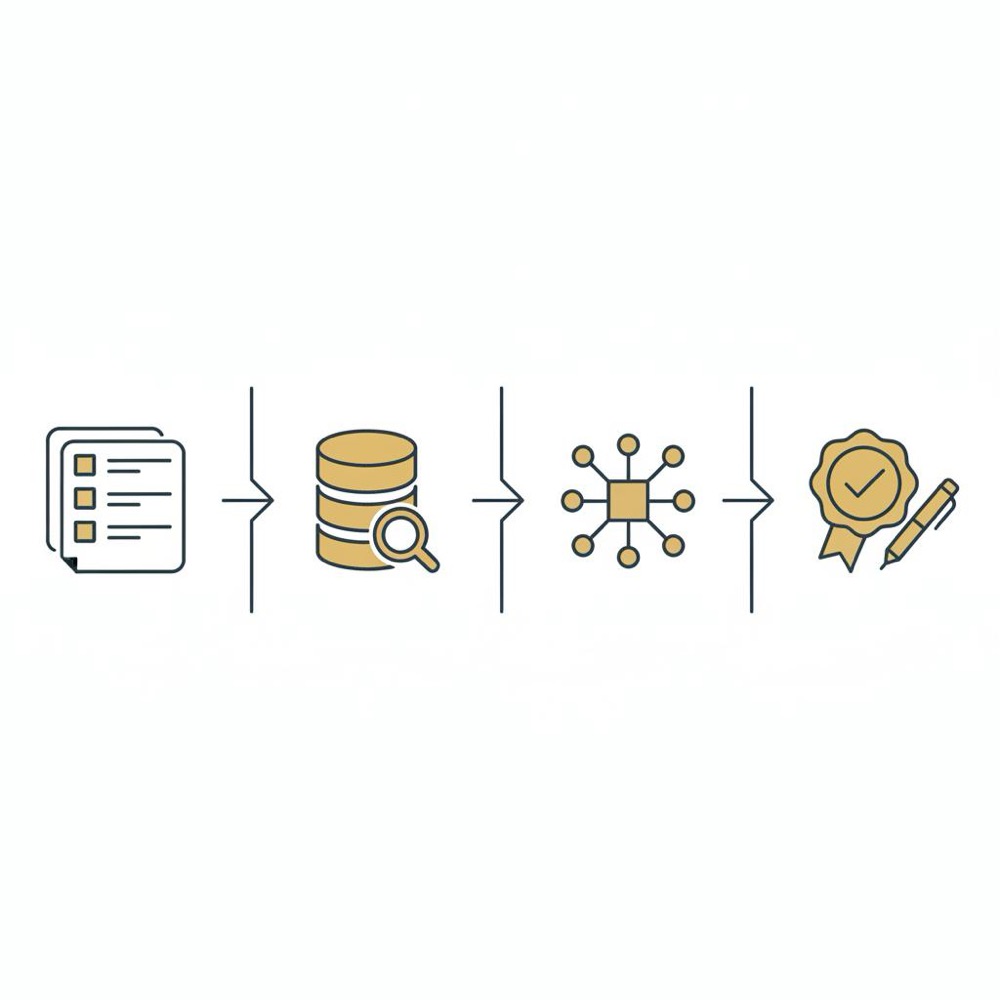 Minimal 2D vector infographic of a RAG pipeline split-flow: source list, retrieval layer, model, editorial sign-off on dark blue background - Is ChatGPT the best writing tool?