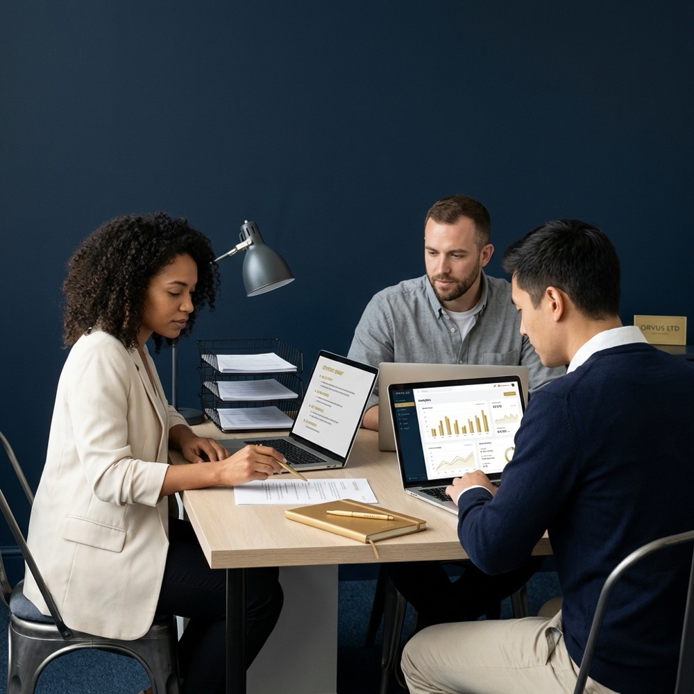 Small team reviewing content briefs at a minimalist desk with screens showing outlines and analytics for seo writing in Orvus Ltd colors