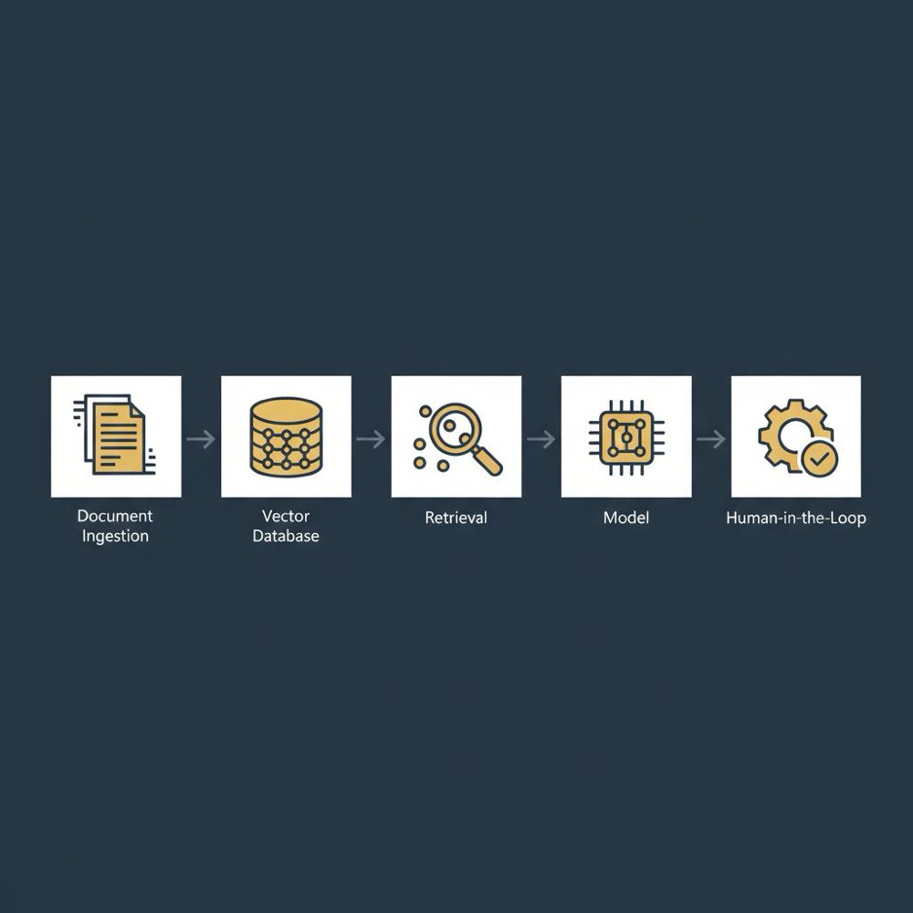 Minimal 2D vector infographic of a RAG pipeline (document ingestion, vector DB, retrieval, model, human-in-the-loop gear) in Orvus Ltd colors - use ChatGPT for business