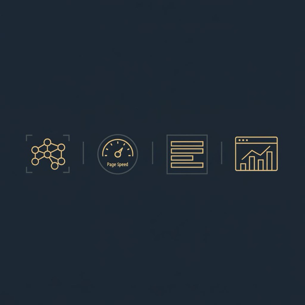 Minimal 2D vector infographic on dark navy background showing schema, speed, heading structure and analytics icons in brand colors for a search engine results page