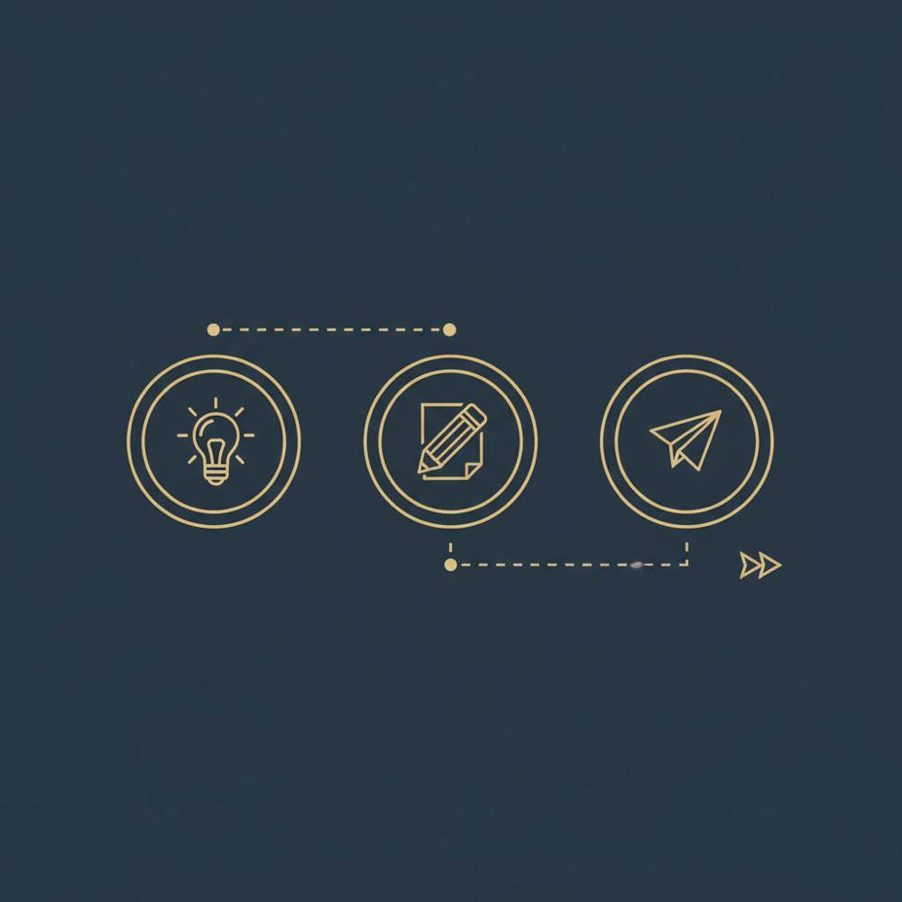 Minimal 2D vector infographic showing a three-step flow of idea, edit, publish icons on a dark blue background, illustrating the rule of three in writing.