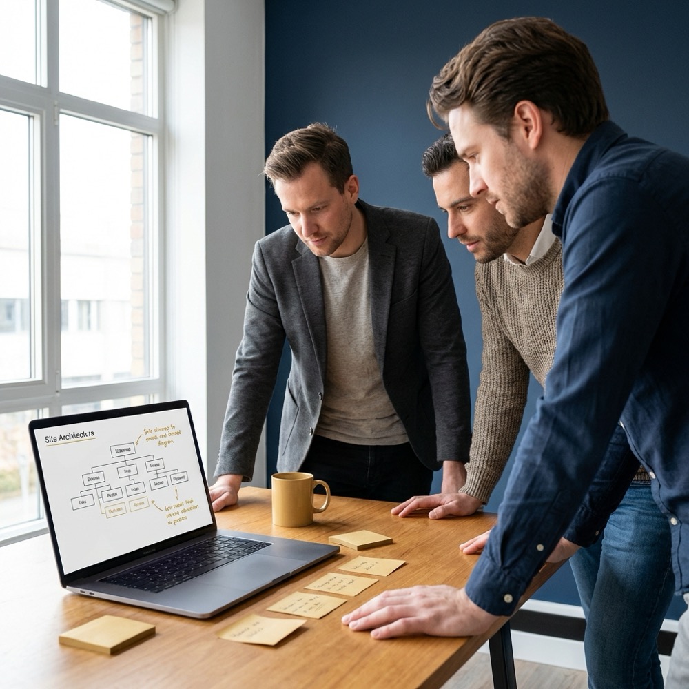 Small team reviewing site architecture on a laptop showing sitemap and notes in a minimalist navy and gold workspace focused on search engine ranking
