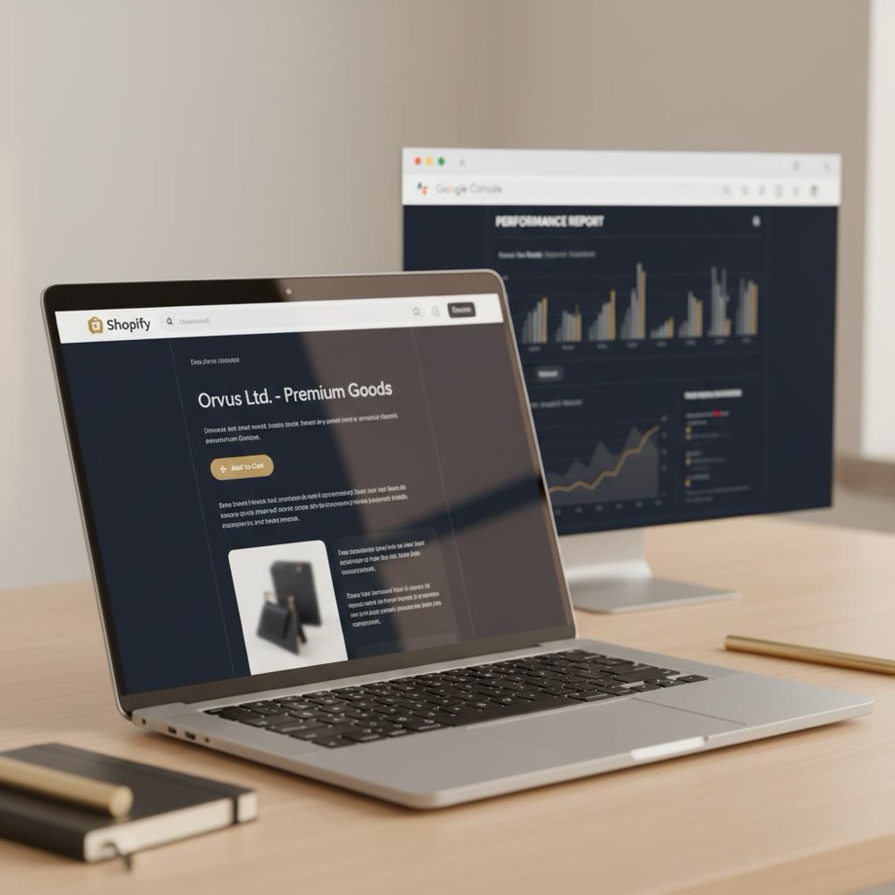 Close-up of a laptop showing a Shopify product page with Google Search Console reports softly blurred in the background on a minimalist desk with warm lighting and Orvus brand colors; shopify seo services