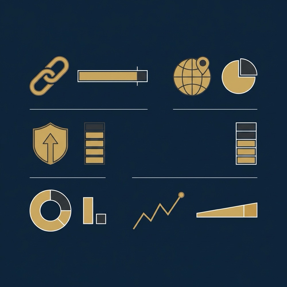 Minimal vector infographic for backlink analysis showing icons for total backlinks referring domains domain authority dofollow share and growth sparkline on navy background