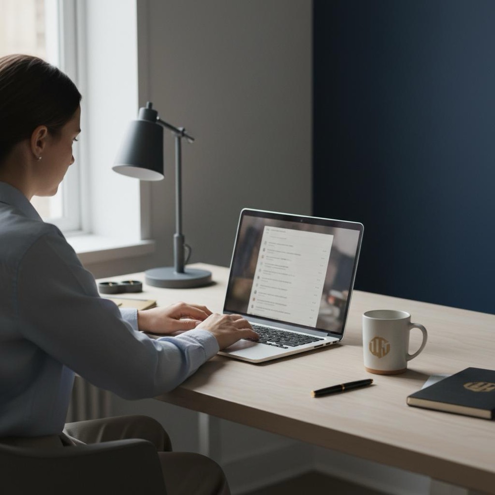 Small business owner reviewing customer feedback on laptop in a minimalist office with Orvus Ltd. brand accents and natural light - remove Google reviews