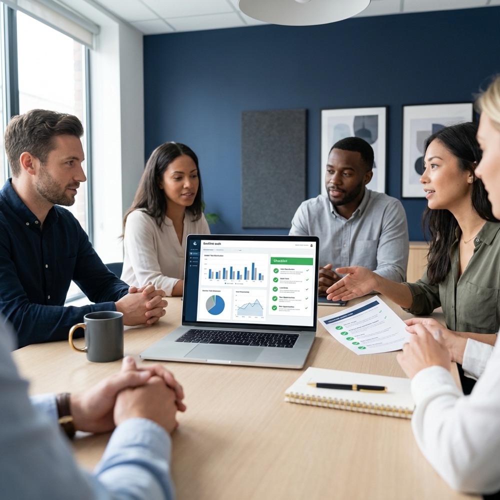 Marketing team reviewing a backlink audit on a laptop with charts and checklist focusing on buying backlinks strategy in a minimalist navy office