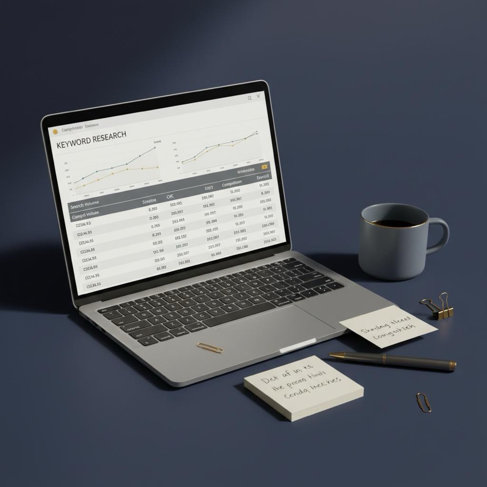 Close-up desk with laptop showing keyword research results, handwritten notes and coffee cup styled in Orvus Ltd. colors, minimalist composition focused on types of keywords