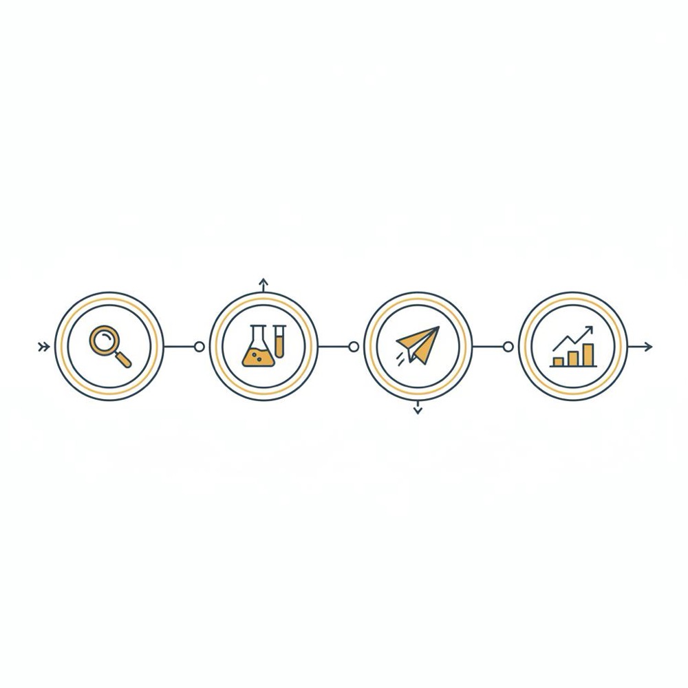 Minimal 4-step packaging roadmap infographic with four vector icons (audit, test, pilot, scale) connected by a thin line on #0B1E33 background with #C8A45D and #2E3237 accents.