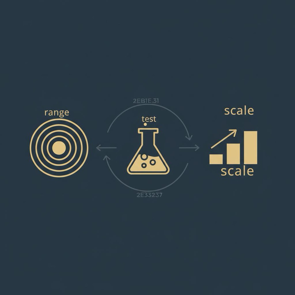 Minimal 2D vector infographic funnel showing range, test, and scale icons connected by arrows in Google Keyword Planner palette #0B1E33 #C8A45D #2E3237