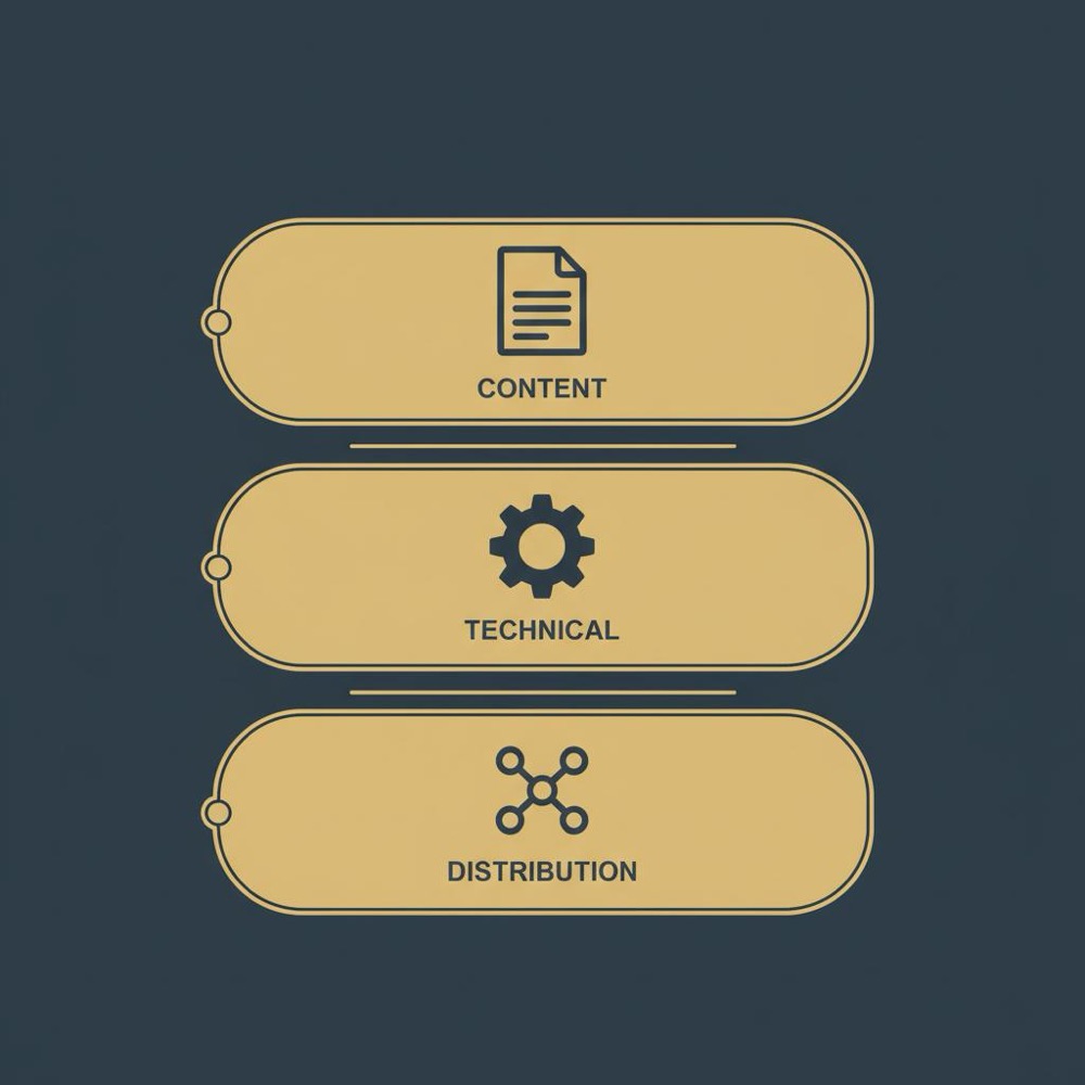 Minimal 2D vector infographic with three stacked blocks and icons for content, technical and distribution in Orvus Ltd. brand colors - how to get 1000 views per day on a blog