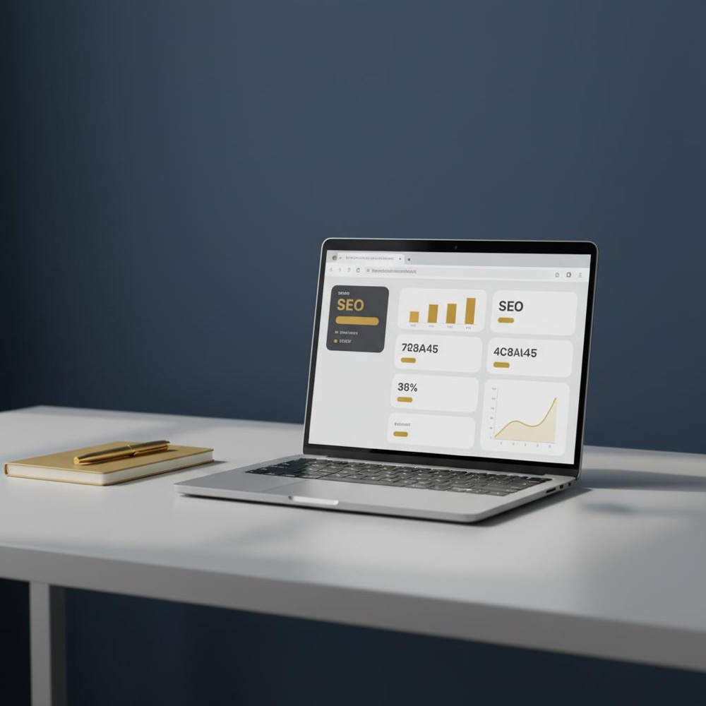 Clean minimalist desk with a laptop showing an abstracted SEO metrics panel in Orvus Ltd. brand colors, providing context for Is Moz legit analysis