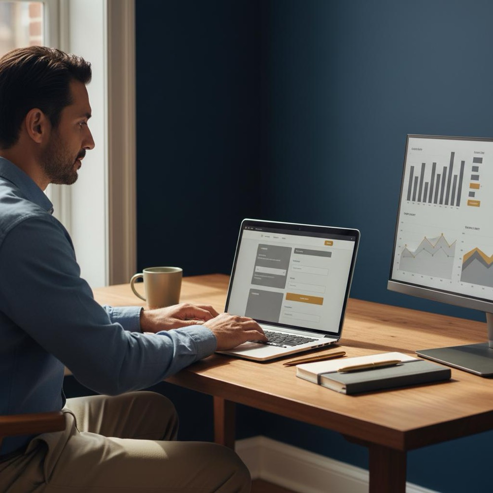 Small business owner editing a simple website on a laptop with charts on a second monitor in a minimalist navy office with subtle Orvus Ltd. brand accents - SEO for beginners