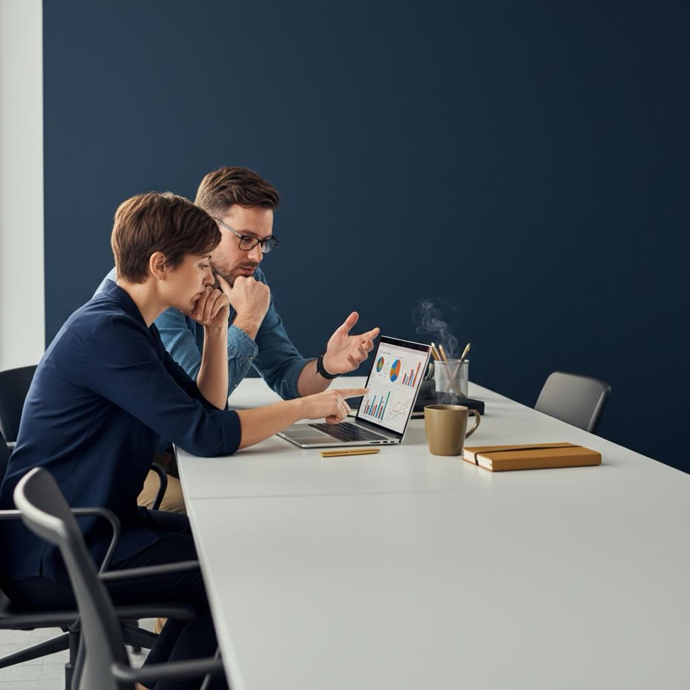 Small team of three reviewing analytics on a laptop in a minimalist navy office with brand-accent #C8A45D desk items; candid, professional scene for an SEO provider article.