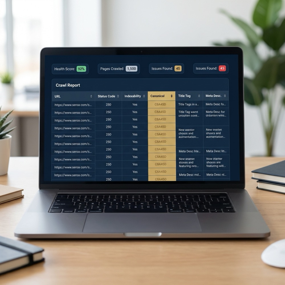 Technical SEO crawl report screen showing highlighted canonical columns and summary metrics for canonicalization seo in a clean Orvus Ltd style dashboard