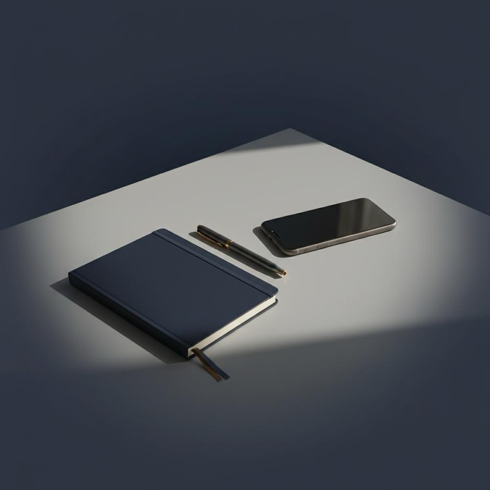Tidy workspace with notebook, pen and phone arranged in a balanced triad to illustrate the rule of three in writing, natural light, deep navy background #0B1E33 and subtle gold accents #C8A45D.